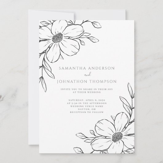 Schwarze Blütenlinie Zeichnend Einladung zur Hochz (Vorderseite)