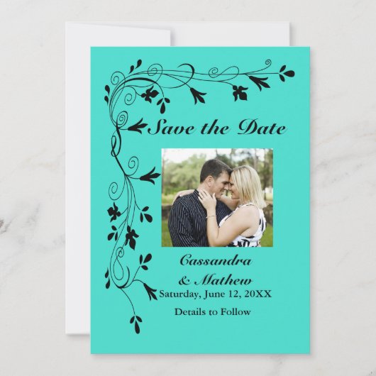 Schwarze Blütenweine Türkis- oder Farbdatum Gerett Save The Date (Vorderseite)