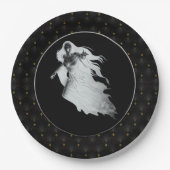 Schwarze Boarder Lady im weißen Geisterhaus Pappteller (Vorderseite)