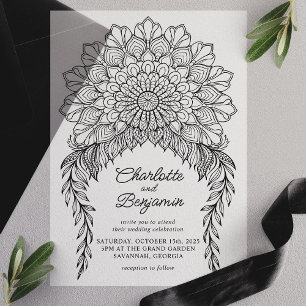 Schwarze Boho-Mandala-Blattreben-Hochzeit Pergament Einladungen
