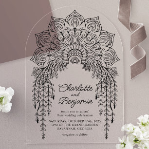 Schwarze Boho-Mandala-Moderne Hochzeit Acryleinladungen