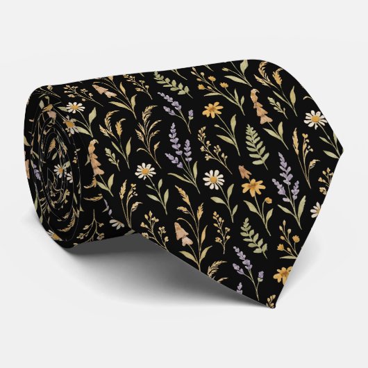Schwarze Boho-Wiesenblumen-Blumenflor Krawatte (Gerollt)