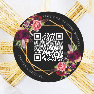 Schwarze Bordeaux-Blumen goldene geometrische QR-H Runder Aufkleber