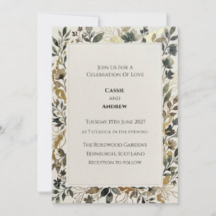 Schwarze Botanische Hochzeit in Gold Einladung