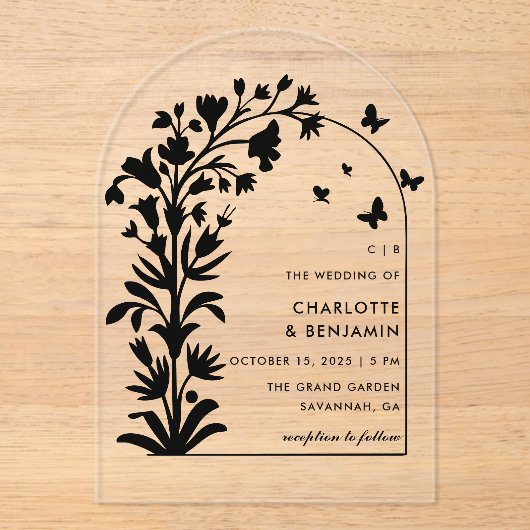 Schwarze Botanische Schmetterlingssonne Acryleinladungen (Vorderseite)