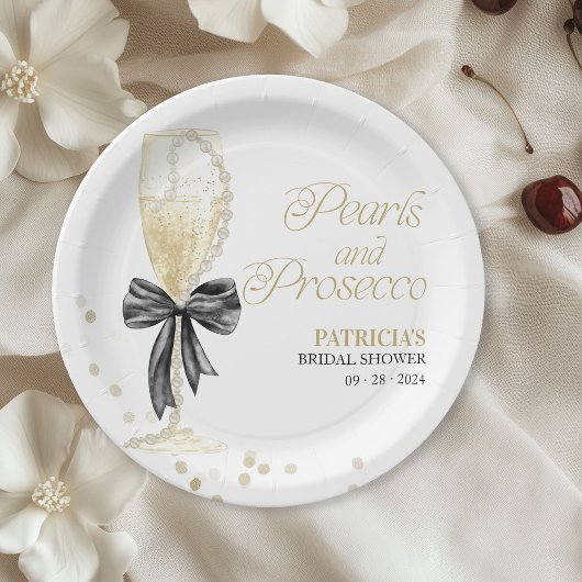 Schwarze Bow-Perlen und Prosecco-Brautjunggesellin Pappteller
