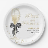 Schwarze Bow-Perlen und Prosecco-Brautjunggesellin Pappteller (Vorderseite)