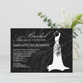 Schwarze Brautdusche mit Hochzeitskleid Einladung (Stehend Vorderseite)