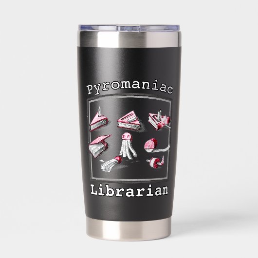 Schwarze Buchskizzen für Pyromane-Bibliotheken Thermobecher (Rückseite)