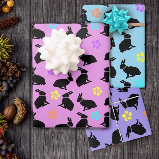Schwarze Bunnies mit Blume auf Pastellen sitzen Geschenkpapier Set