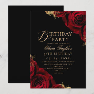 Schwarze Burgunderrose Floral 50. Geburtstag  Einladung