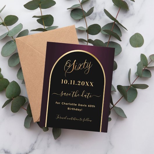 Schwarze burgundische Save the Date-Karte zum 60.