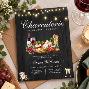 Schwarze BYOB-Charcuterie-Geburtstagseinladung Mitteilungskarte