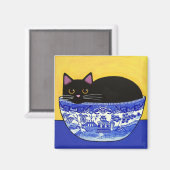 Schwarze CAT in Blue Willow Bowl Square Magnet (Vorderseite/Rückseite)