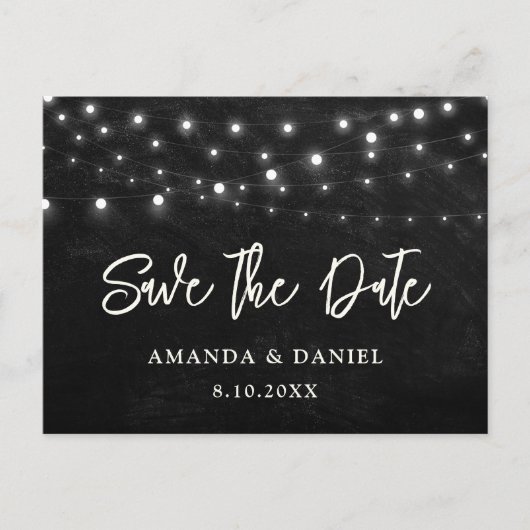 Schwarze Chalkboard-String-Leuchten Save the Date Postkarte (Vorderseite)