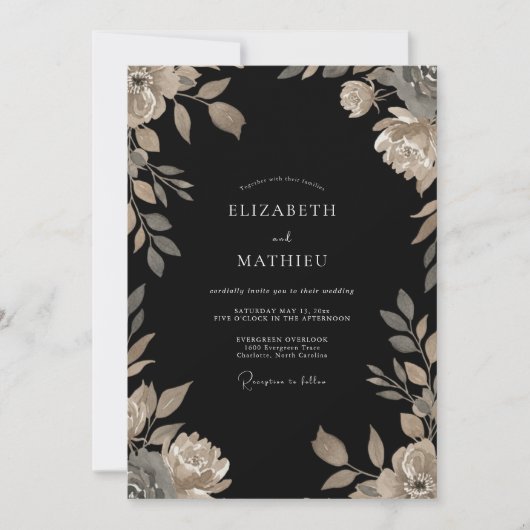 Schwarze Champagner-Reben-Hochzeit Einladung (Vorderseite)