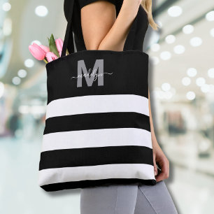 Schwarze Chic Streifen Namensinitialen bestickt Tasche