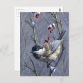 Schwarze Chickade Winter Rote Berries und Schnee Postkarte (Vorne/Hinten)