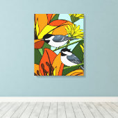 Schwarze Chickadee und Lily-Blume Leinwanddruck (Insitu (Holzboden))