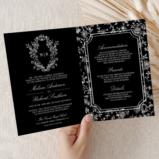 Schwarze Chinoiserie-Wappen-Hochzeit mit QR-Code Einladung