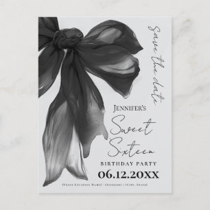 Schwarze Coquette Bow Sweet 16 Save-the-Date Grau Postkarte