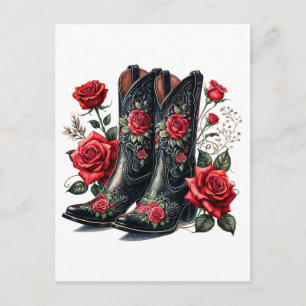 Schwarze Cowboystiefel mit roten Rosen Postkarte