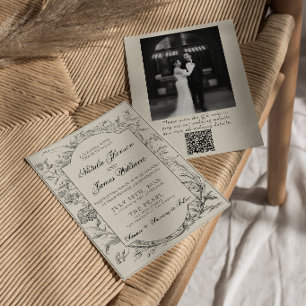 Schwarze Creme Florale Botanische QR-Code Foto Hoc Einladung