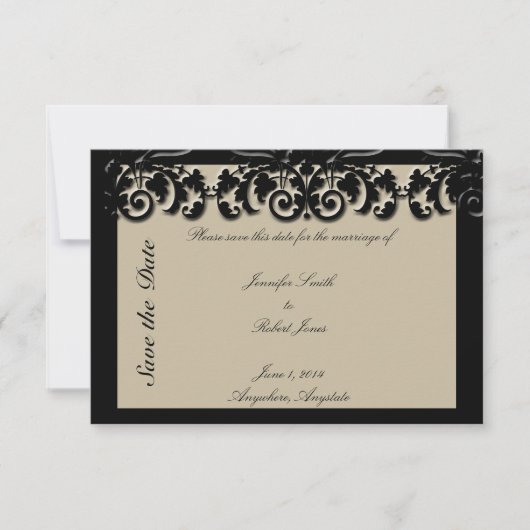 Schwarze Creme florale Embossed Wedding Save the D Date (Vorderseite)