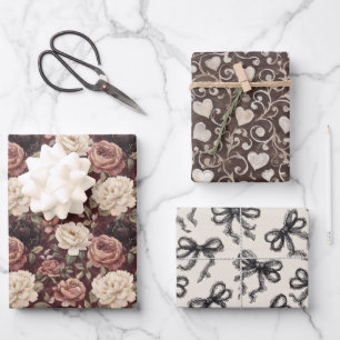 Schwarze Creme-Herzen Blumen Schleifen Geburtstag Geschenkpapier Set