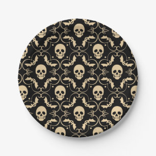 Schwarze & cremefarbene Halloween-Schädel & -Flede Pappteller