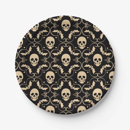 Schwarze & cremefarbene Halloween-Schädel & -Flede Pappteller (Vorderseite)