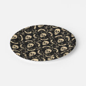 Schwarze & cremefarbene Halloween-Schädel & -Flede Pappteller (Schrägansicht)