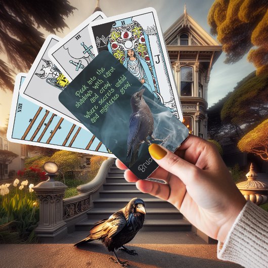 Schwarze Crow-Hexe vertraut mit Aquamarinem Rauch/ Spielkarten