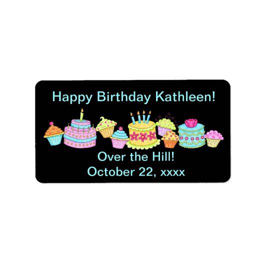 Schwarze Cupcakes/Kuchen über dem Hügel Geburtstag Adressaufkleber (Vorne)