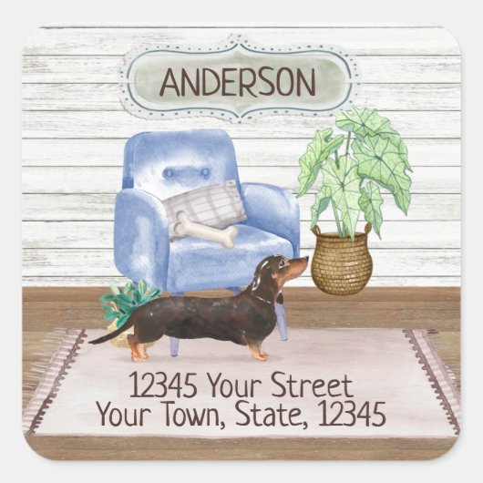 Schwarze Dackel Gemütliche neue Zuhause-Adresse Quadratischer Aufkleber (Vorderseite)