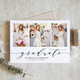 Schwarze Dainty Script Drei Foto Abschlussfeier Einladung