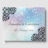 Schwarze Damaskalspitze und pastellfarbene Glitzer Gästebuch (Vorderseite)