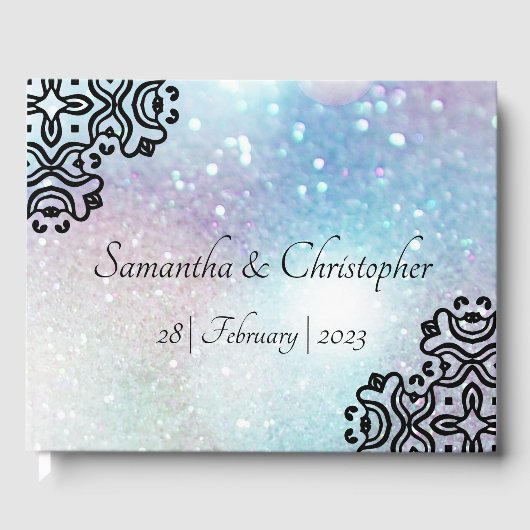 Schwarze Damaskalspitze und pastellfarbene Glitzer Gästebuch (Vorderseite)