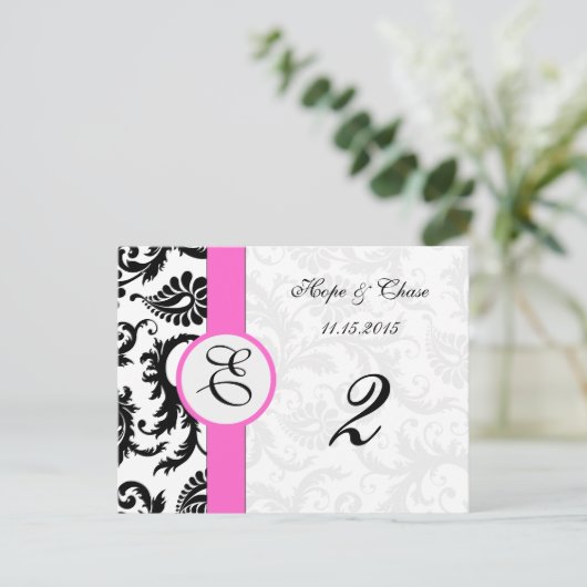 Schwarze Damaske Rosa Wirbel Tischnummer Cards (Stehend Vorderseite)