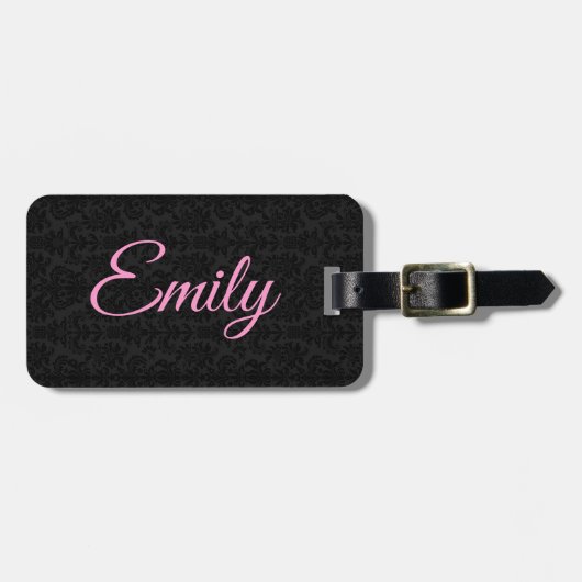Schwarze Damasken Muster Pink Typografie Gepäckanhänger (Vorderseite horizontal)