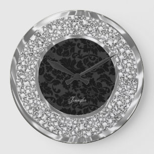 Schwarze Damasken Sparkling-Imitate Diamonds Glitz Große Wanduhr