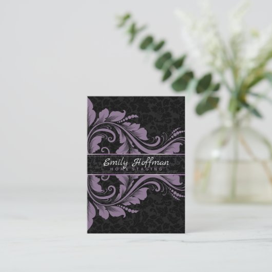 Schwarze Damasken und Lila Ornamente Visitenkarte (Stehend Vorderseite)