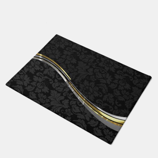Schwarze Damaskus Silver & Gold Akzente Fußmatte (Schrägansicht)