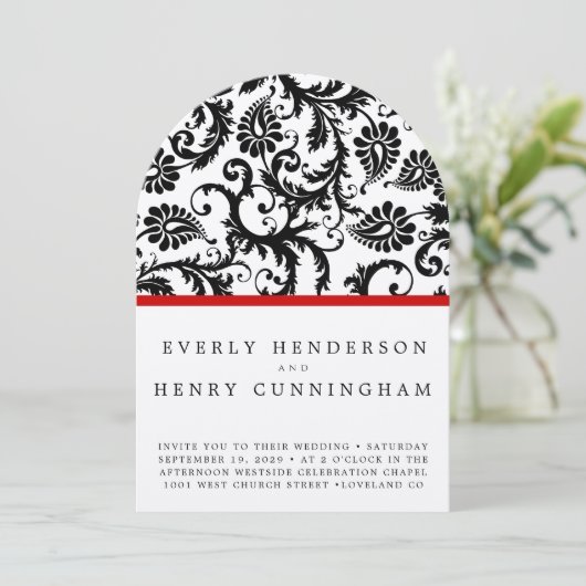 Schwarze Damaskus-Wirbel auf Weiß mit rotem Trick Einladung (Stehend Vorderseite)