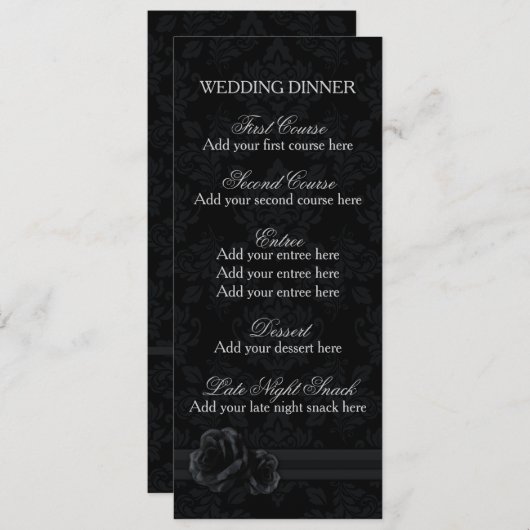 Schwarze Damast-Menüvorlage Rose Menükarte (Vorne/Hinten)