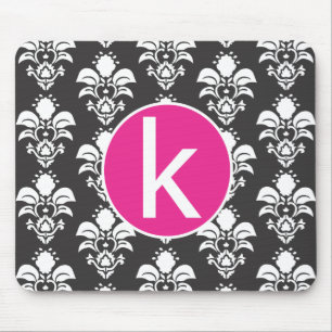 Schwarze Damast-Rosa-Kreis Mousepad Initiale "k "