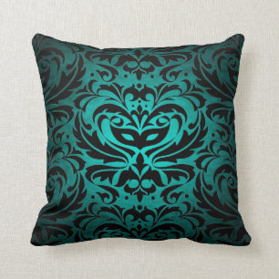 Schwarze Damast Teal Scroll Reversible Kissen