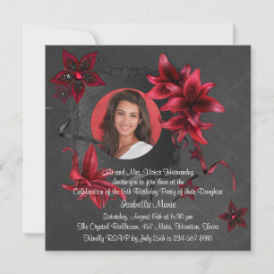 Schwarze Damastrote Lilien Foto Quinceanera Einladung