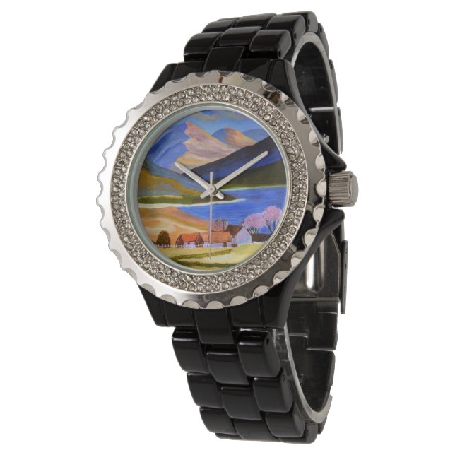Schwarze Damen Email Strassuhr Armbanduhr (Schrägansicht)