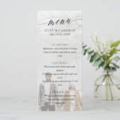 Schwarze Delikatkalligraphie Elegantes Foto Hochze Menükarte (Stehend Vorderseite)